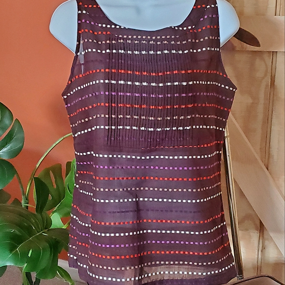 Tory Burch Brown Striped Sleeveless Pintuck Tank Top, size 4